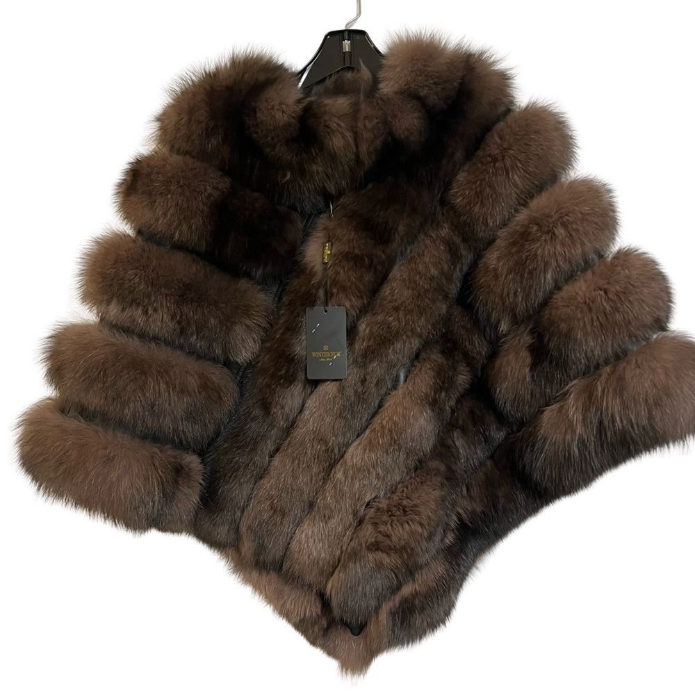 Sable Brown Dyed Fox Fur Cape Leather Inserts One Size Womens Genuine Fur NWT